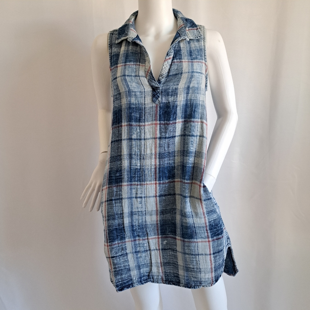 WOMEN'S Cloth & Stone Blue Plaid Sleeveless Mini Dress